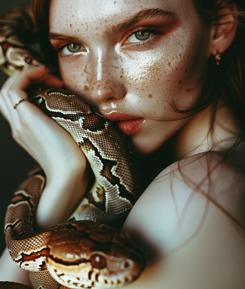 AI-generated close-up portrait of a model holding a snake, with golden freckles and a mystical aesthetic inspired by nature and high fashion