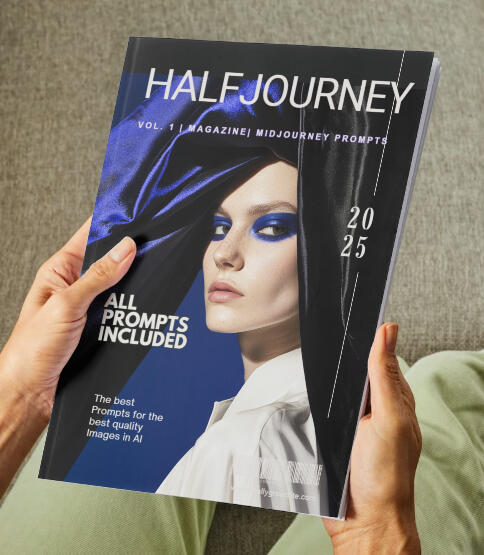 HALFJOURNEY Magazine cover featuring an AI-generated fashion model created with MidJourney, showcasing a futuristic portrait style