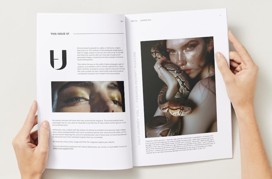 A spread from HALFJOURNEY Magazine featuring AI-generated fashion models with cinematic lighting and digital styling effects.