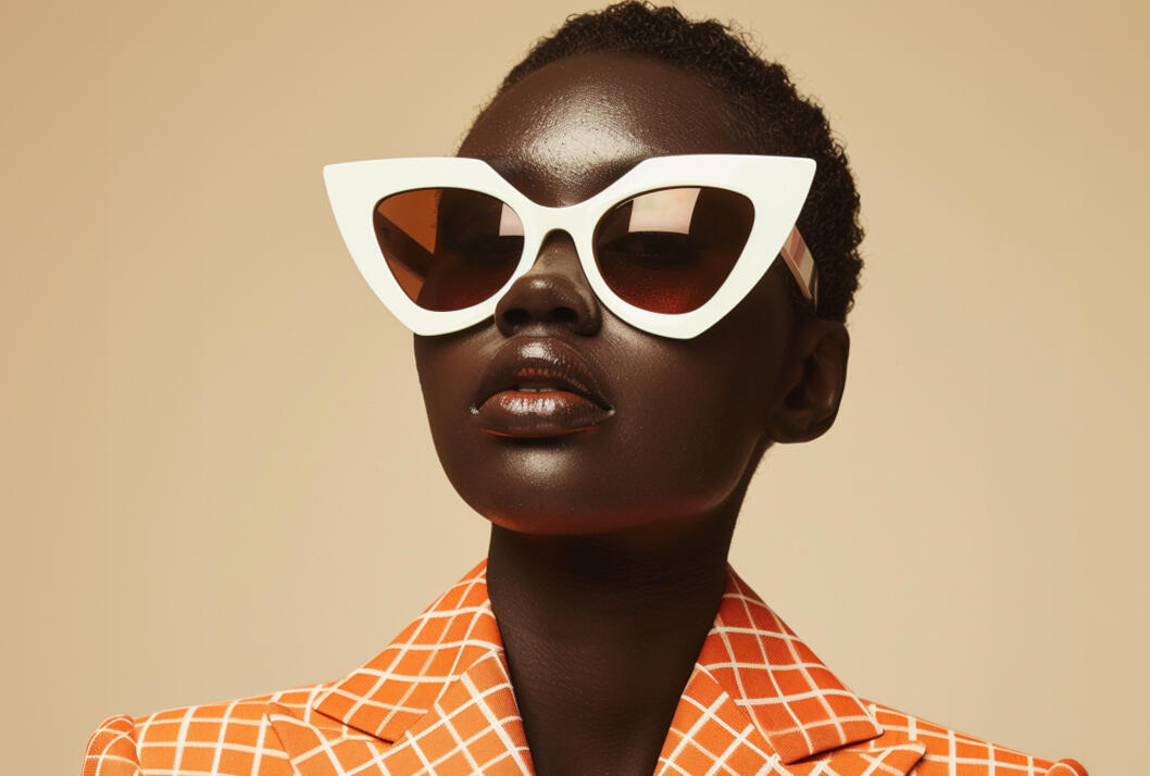 AI-generated Midjourney portrait of a Black fashion model wearing oversized white sunglasses and an orange outfit, set against a neutral background.