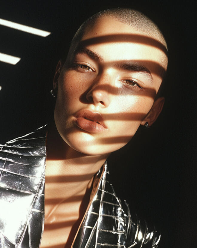 AI-generated fashion portrait featuring dramatic light and shadow patterns across the face of a model in a futuristic outfit.