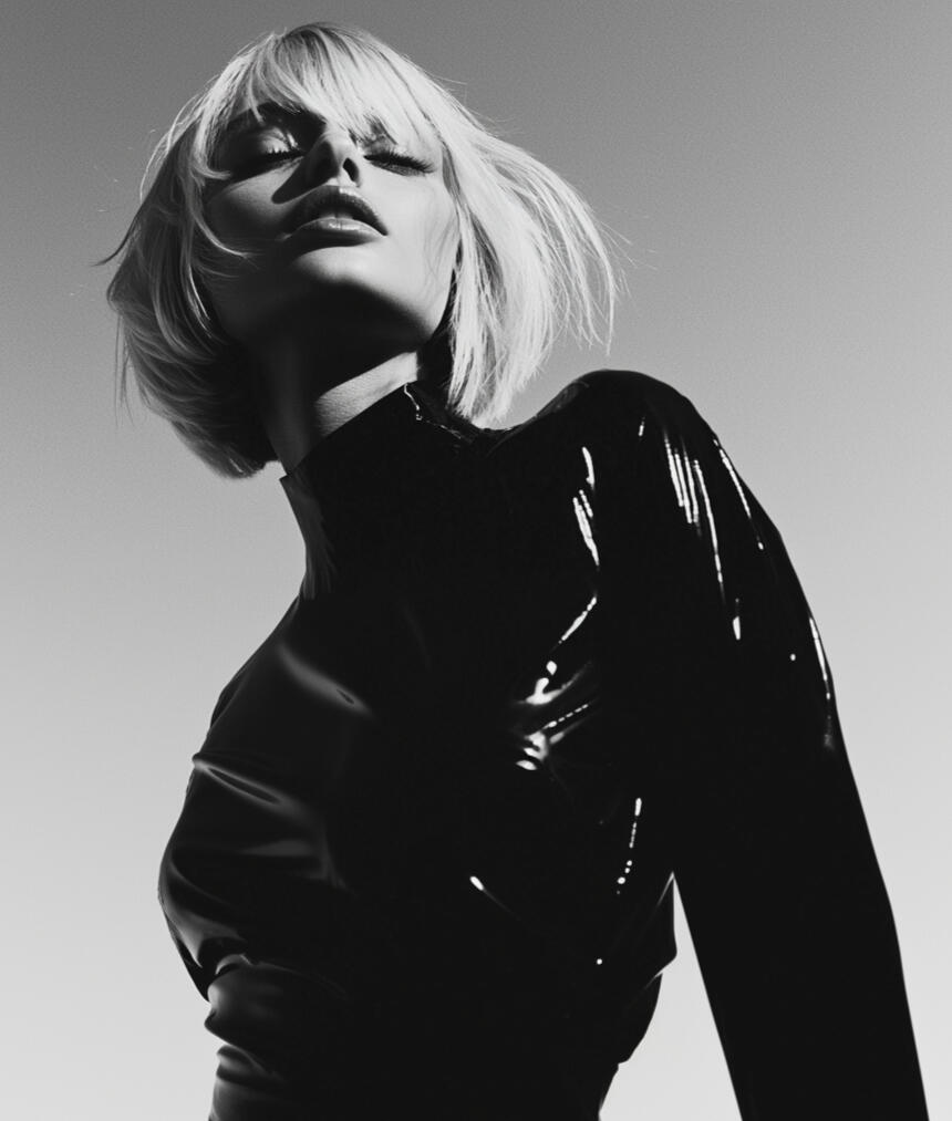 Black and white AI-generated portrait of a high-fashion model with sleek platinum blonde hair, wearing a glossy outfit.